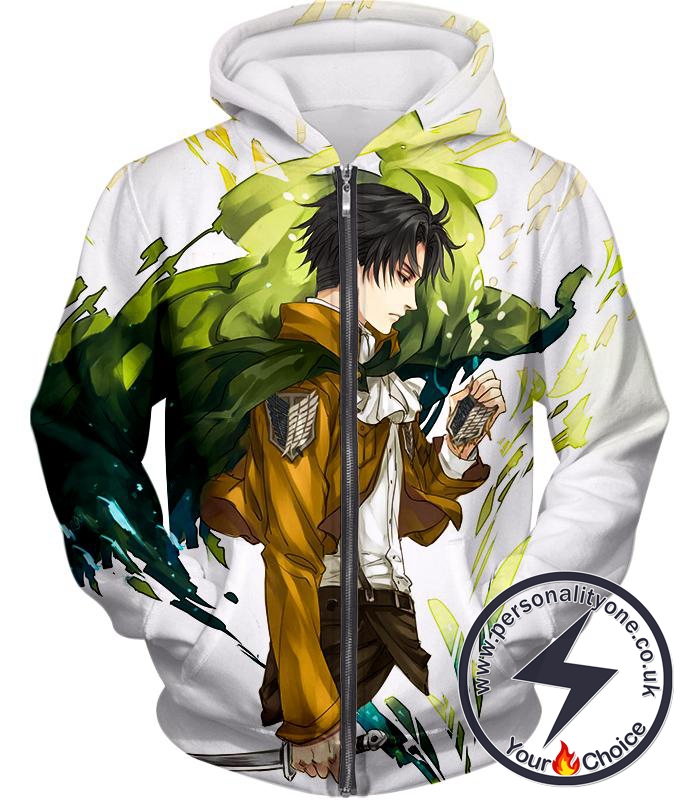 Attack on Titan Awesome Survey Corp Soldier Levi Ackerman Ultimate Anime White Zip Up Hoodie